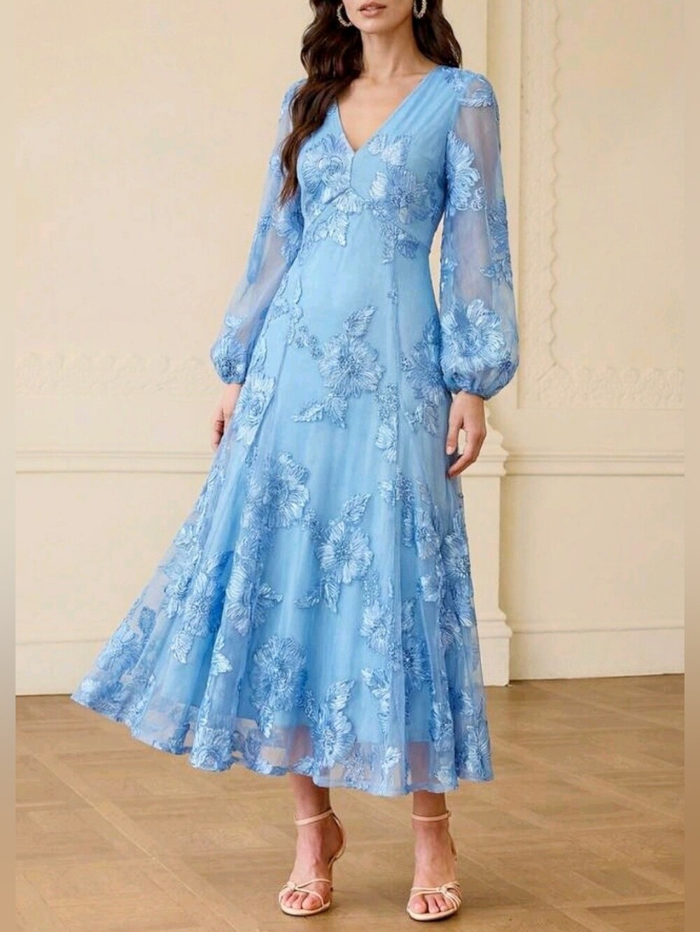 New Luxe Floral Applique Long Dress Bishop Long Sleeve Blue